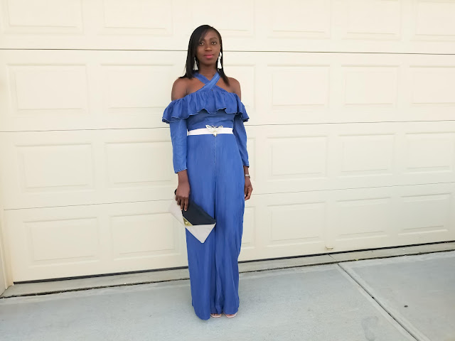 Denim Off Shoulder Ruffle Jumpsuit