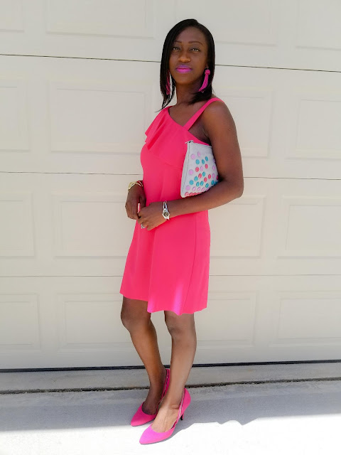 Hot Pink One Shoulder Ruffle Dress