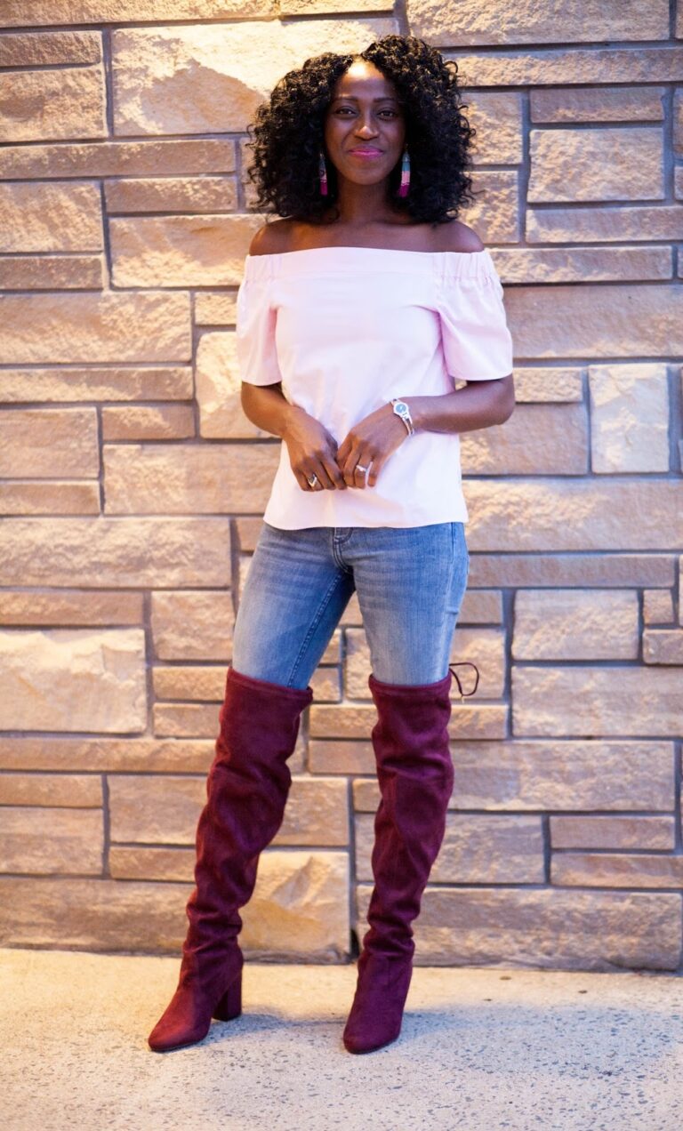 Pink Off Shoulder & Burgundy Thigh High Boot