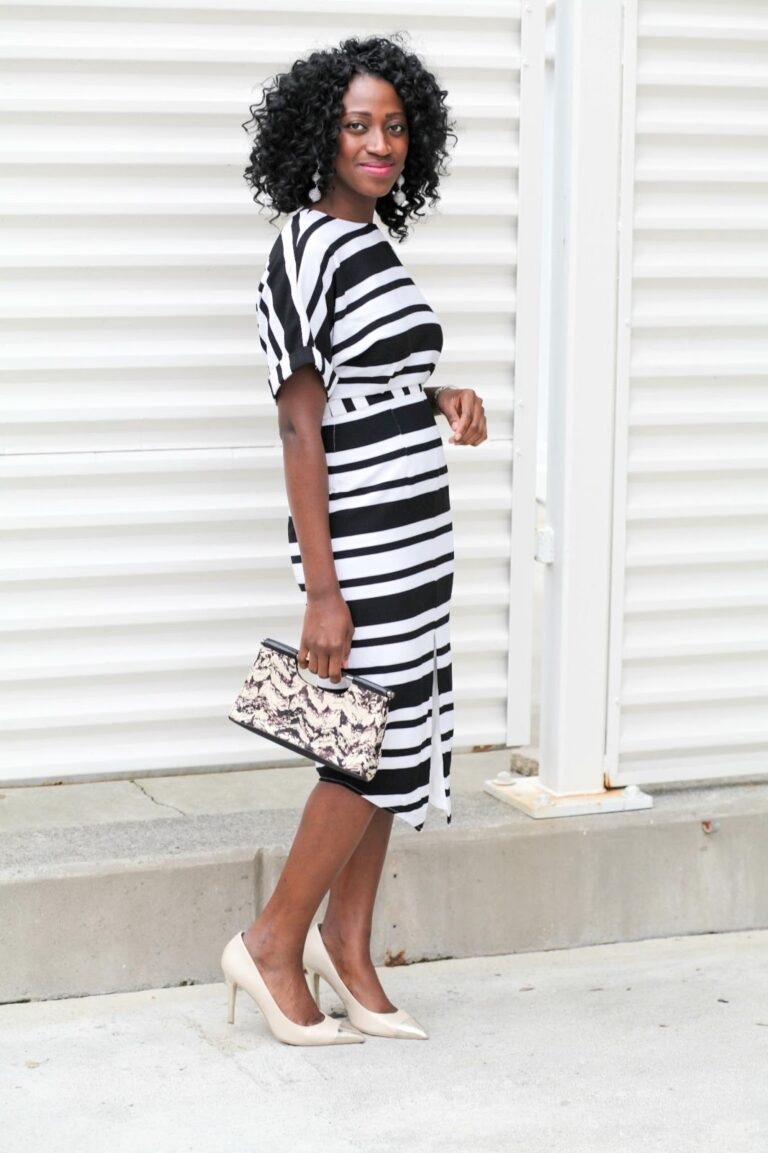 Striped Front Slit Wiggle Dress